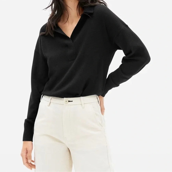 Everlane Polo Long Sleeve Cashmere Wool Sweater Black XL Classic Office Chic NWT - Picture 1 of 7